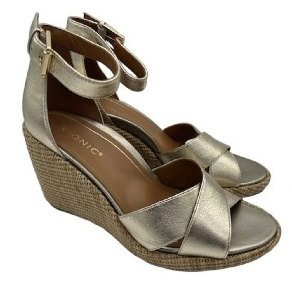 Vionic Marina Wedge Sandals Women's Size 9 Gold Metallic Leather AnkleEspadrille